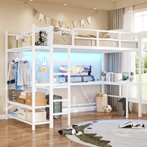 Twin Loft Bed with L-Shaped Desk, LED Lights and Storage Shelves G242080