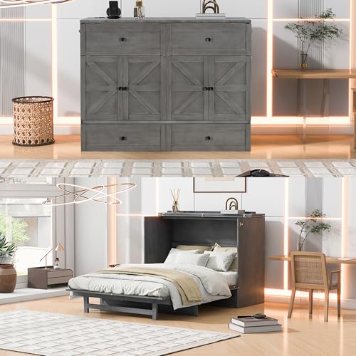 White Full Size Murphy Bed with USB Ports and Drawer F514
