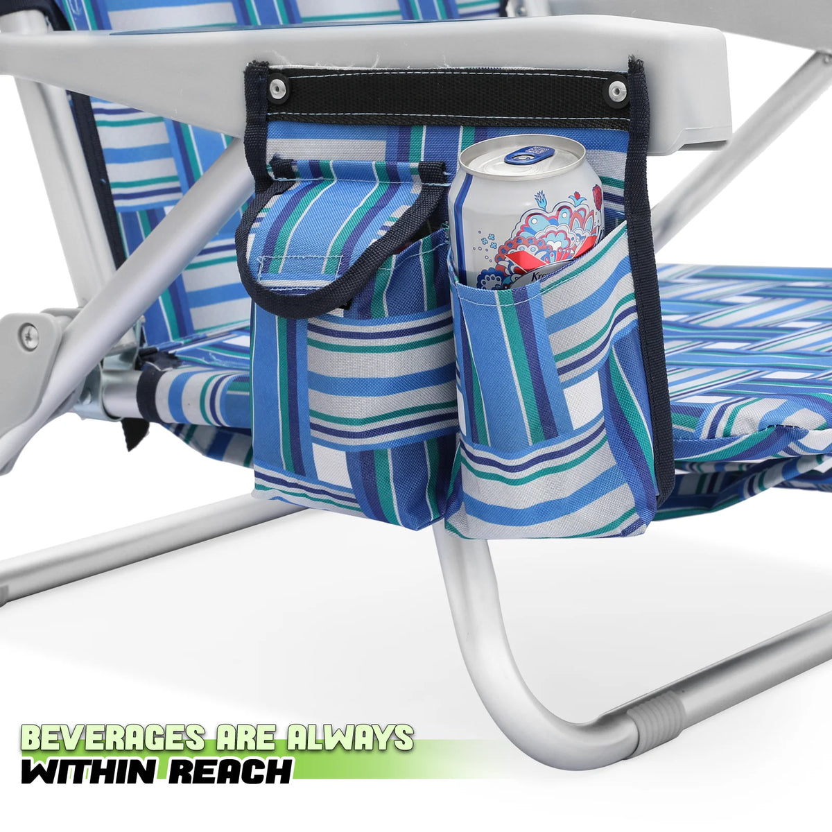 Blue Stripes Folding Beach Chairs Set of 2 with Side Pocket W876917