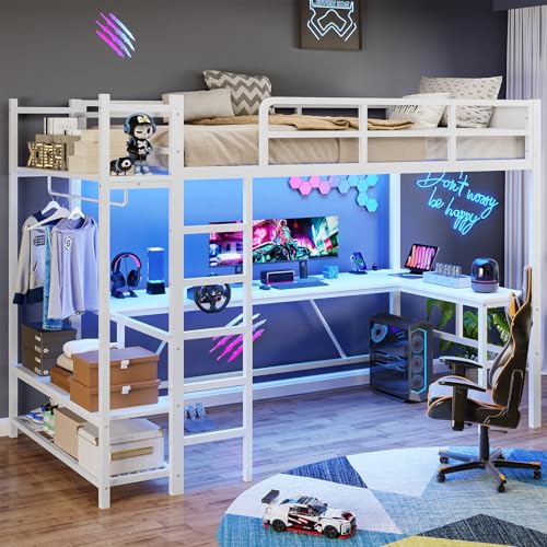 Twin Loft Bed with L-Shaped Desk, LED Lights and Storage Shelves G242080
