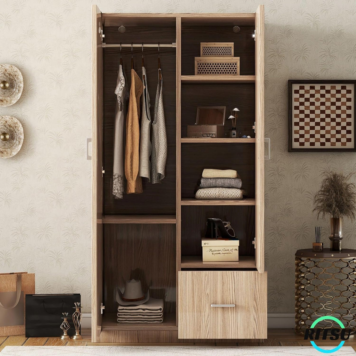 Natural Wooden Armoire Wardrobe with 2 Doors, 1 Drawer, 5 Open Shelves and Hanging Rod M263