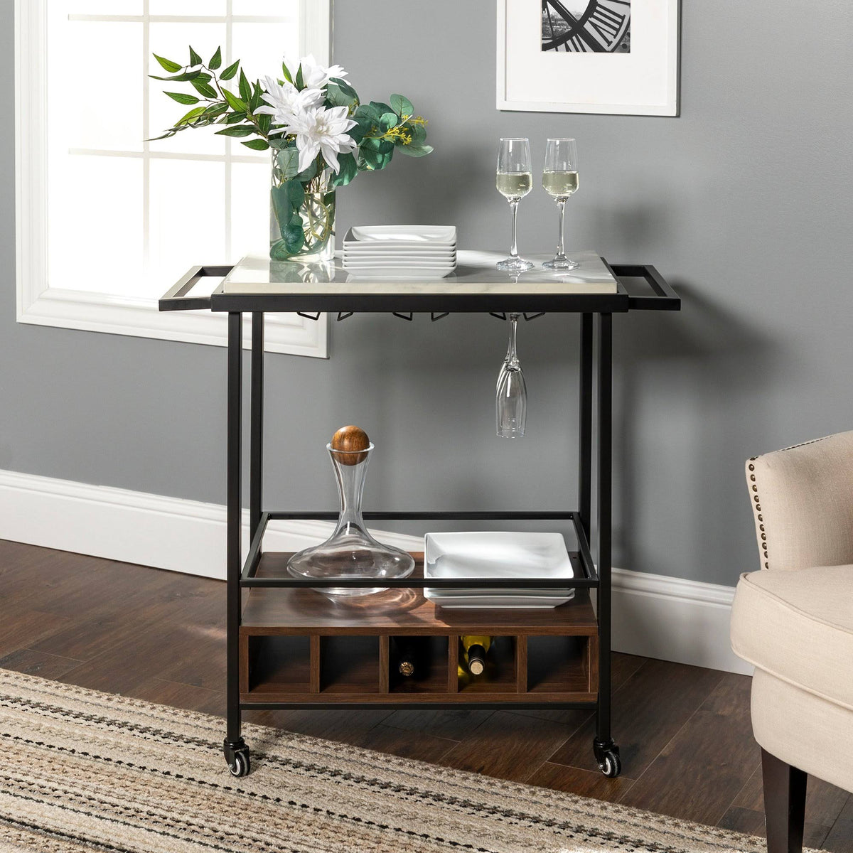 34 inch Black Marble Serving Bar Cart G890894