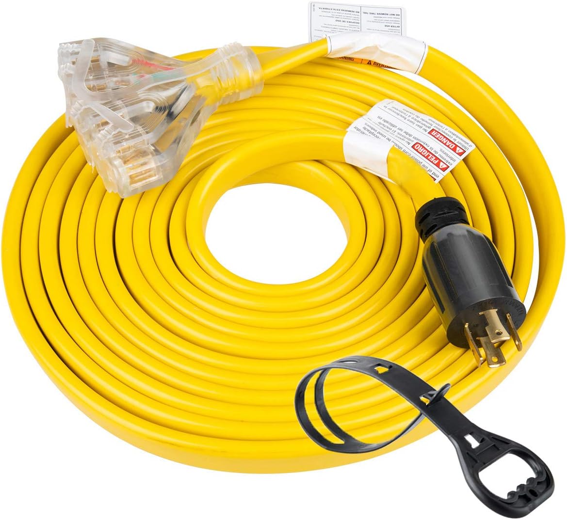 25 Feet Heavy Duty Generator Adapter Extension Cord, NEMA L14-30P to Four 5-20R, 4 Prong 10 Gauge Flat Generator Cable, 125/250V 30Amp 7500 Watts F4973