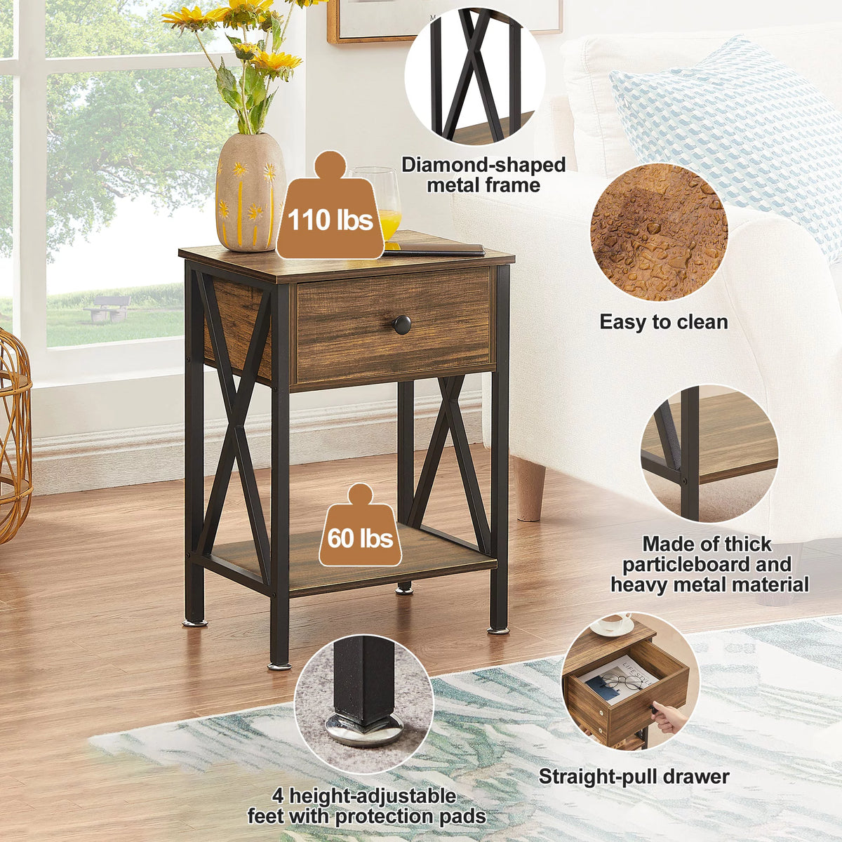Brown Nightstand with Drawer and Storage Shelf R2464