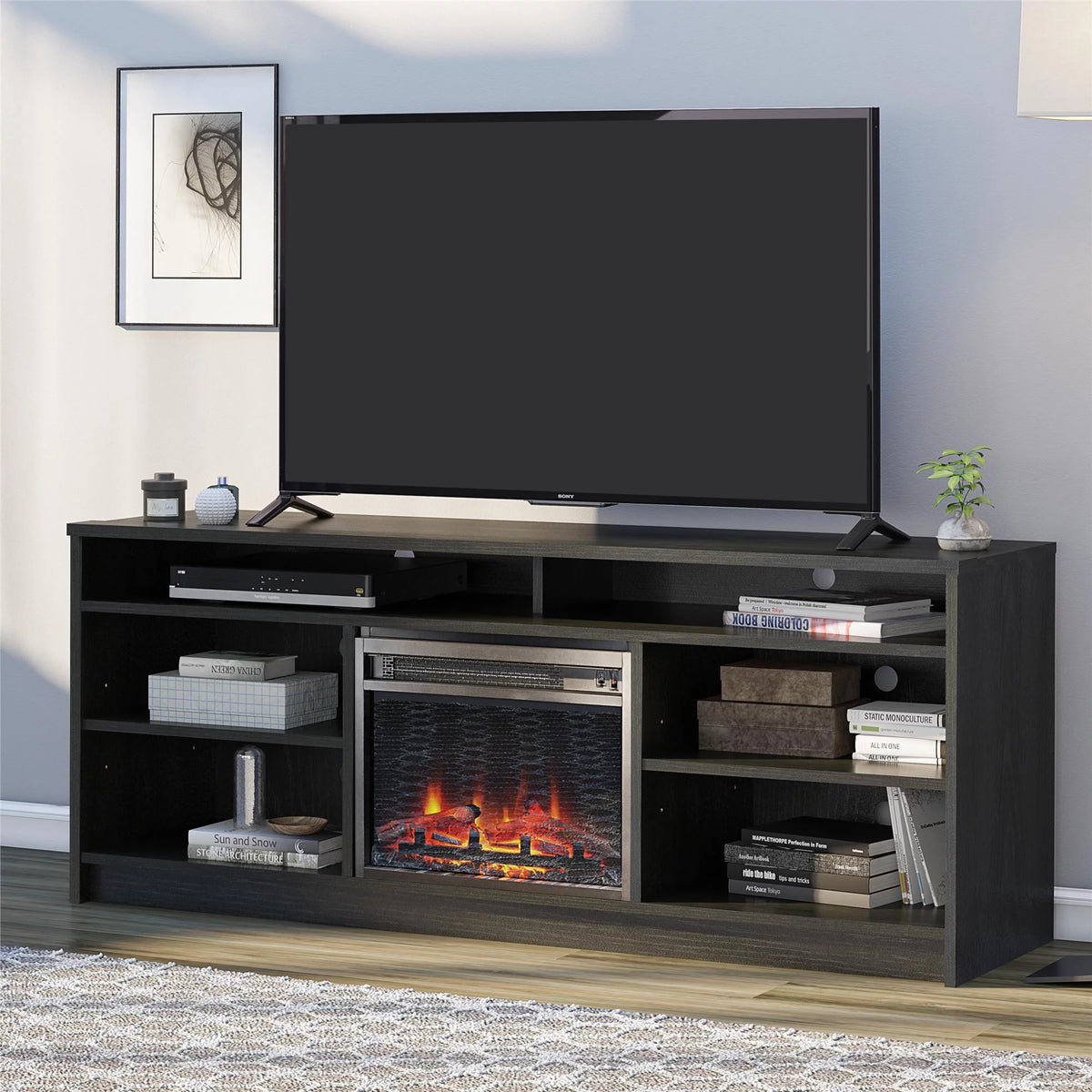 Black Oak TV Stand with Electric Fireplace Insert and 6 Shelves B9758