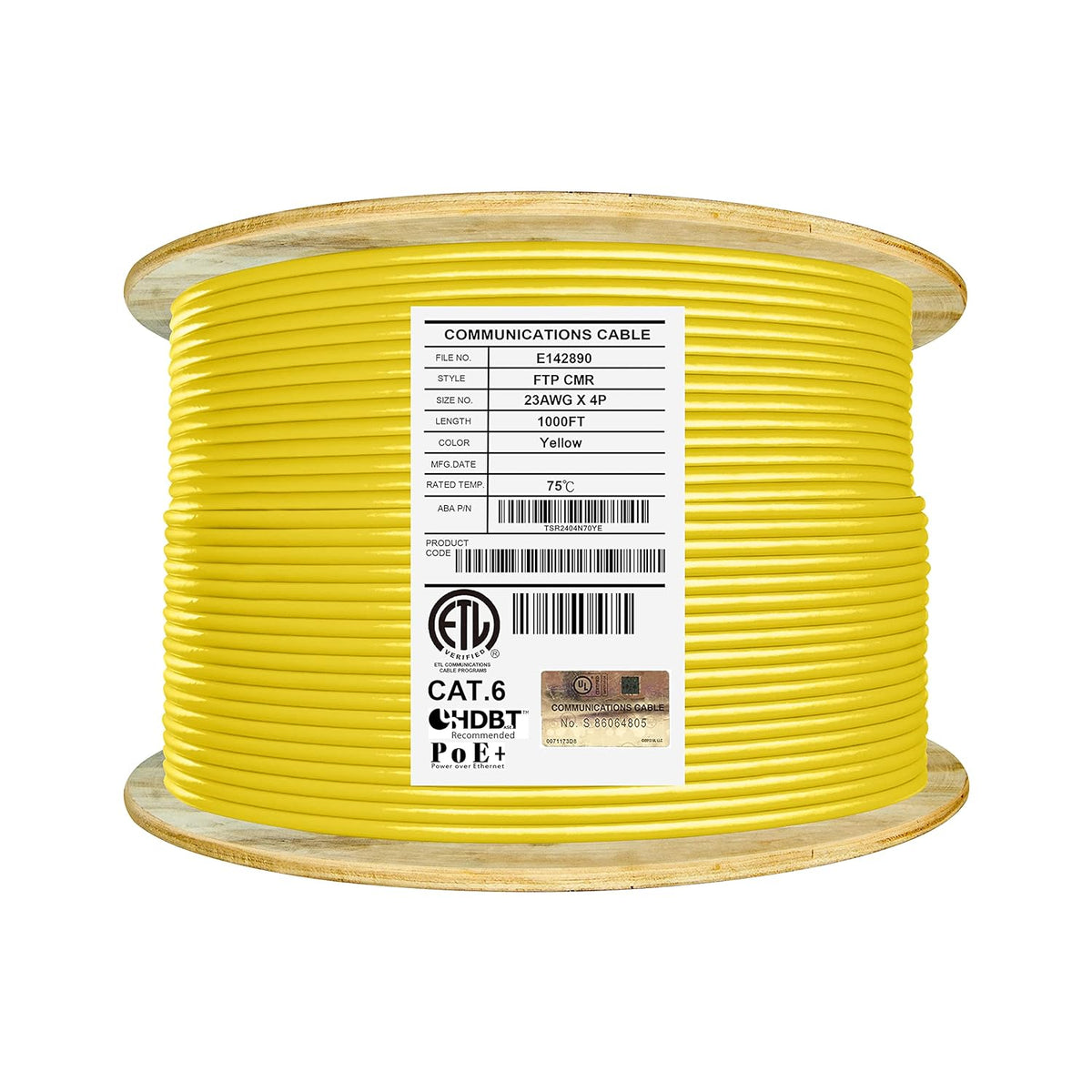 Bulk Ethernet Cable Reel, Cat6 Shielded Riser, 1000ft, F/UTP 23AWG, Solid Bare Copper, Orange L2141
