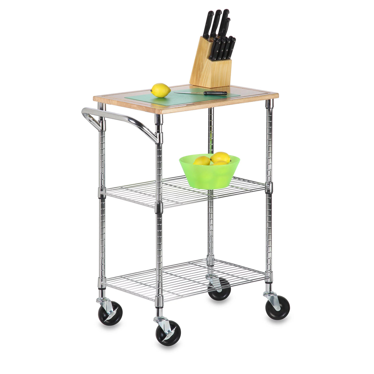Steel and Wood 2-Tier Rolling Kitchen Storage Cart with Cutting Board Top P801