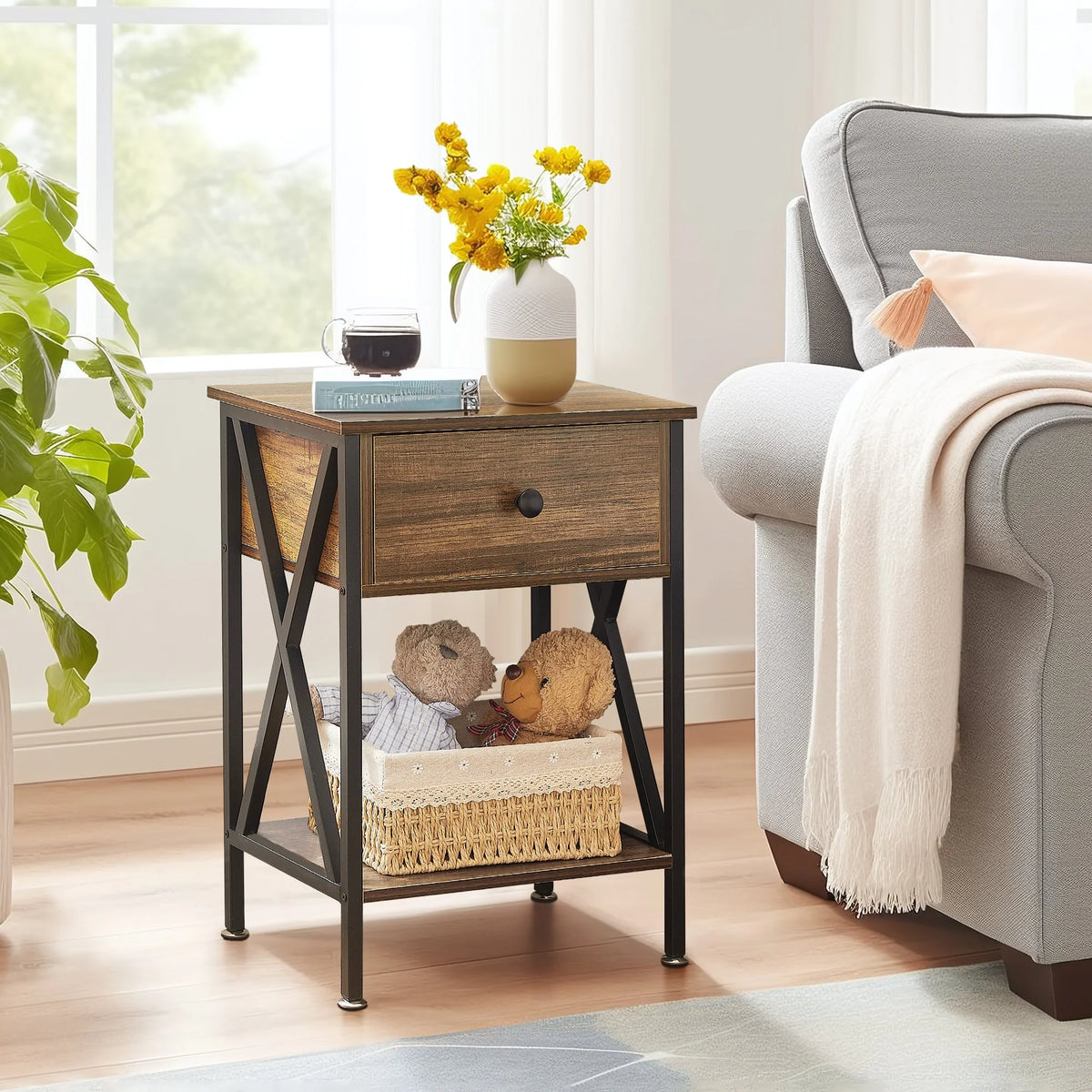 Brown Nightstand with Drawer and Storage Shelf R2464