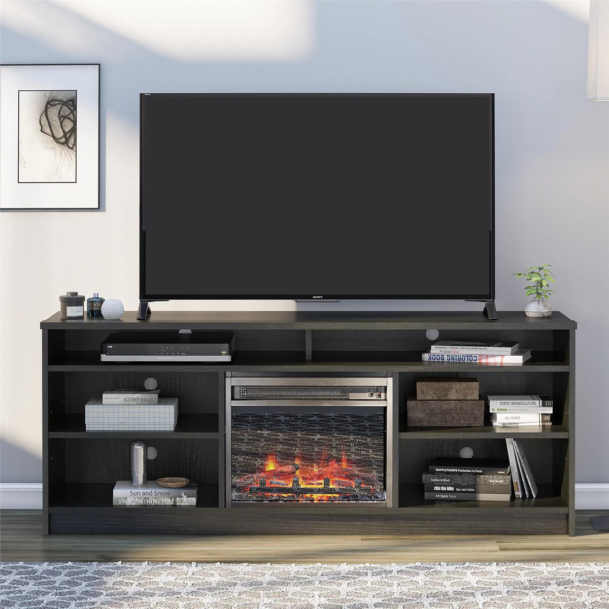Black Oak TV Stand with Electric Fireplace Insert and 6 Shelves B9758