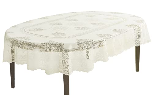 White 60 x 102 Inch Oval Polyester Lace Tablecloth F5901