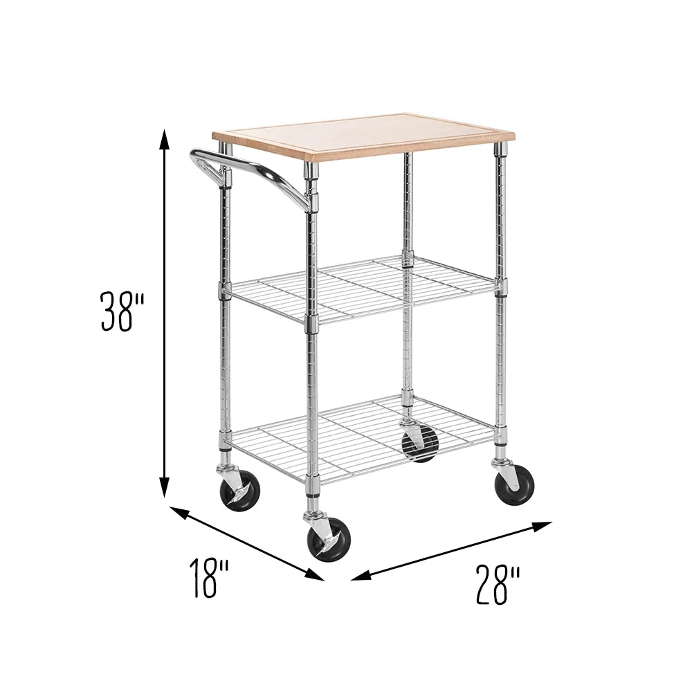 Steel and Wood 2-Tier Rolling Kitchen Storage Cart with Cutting Board Top P801