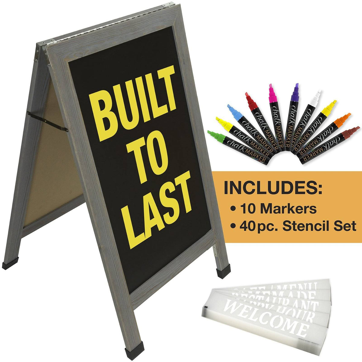 Heavy-Duty Sandwich Board Sidewalk Chalkboard Sign with Chalk Markers, Stencil Set, Chalk, Eraser B90608