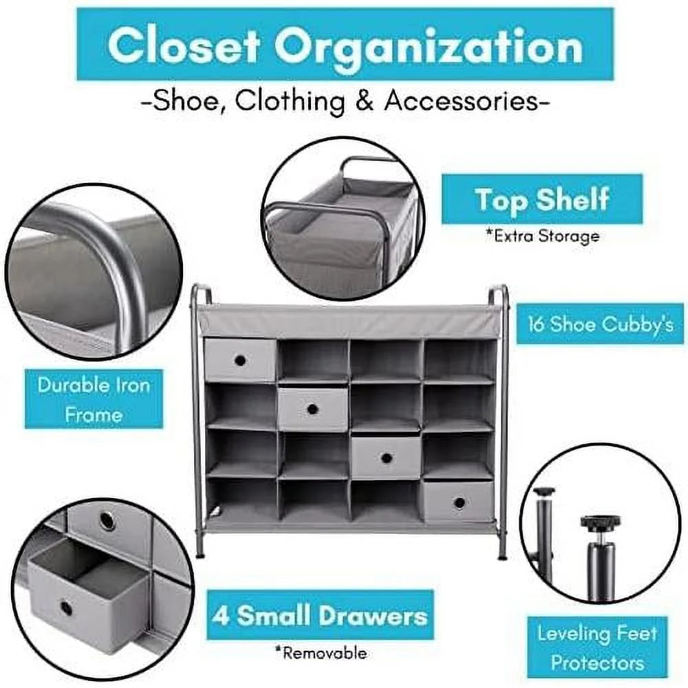 Grey 16 Cubby Shoe Rack Organizer with 4 Drawers U1896