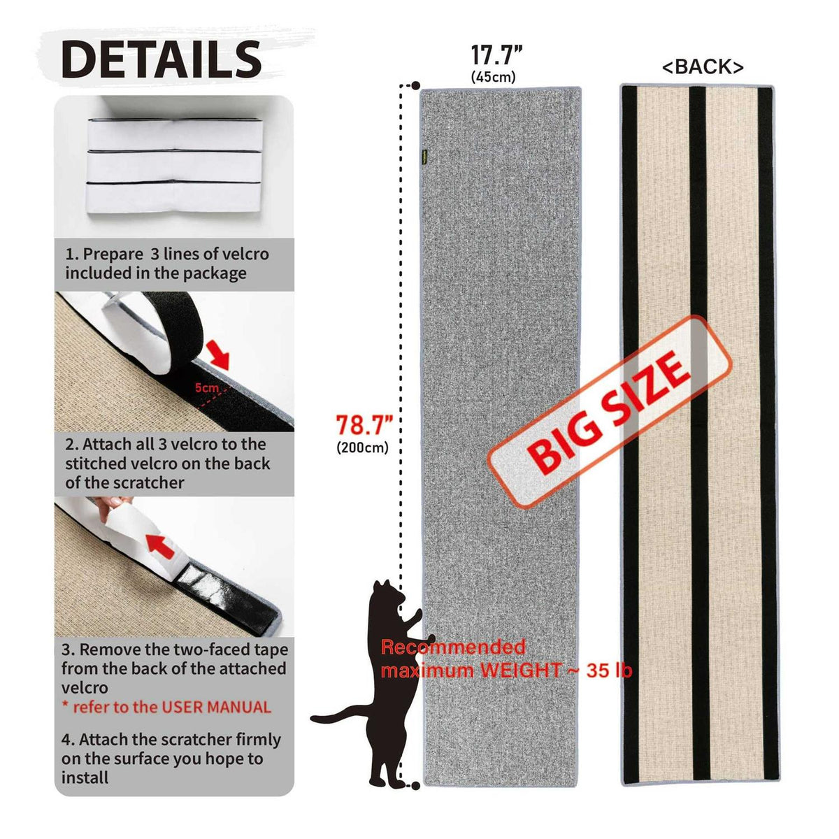 78.7” Tall Cat Scratcher Wall Corner Attachable W1709