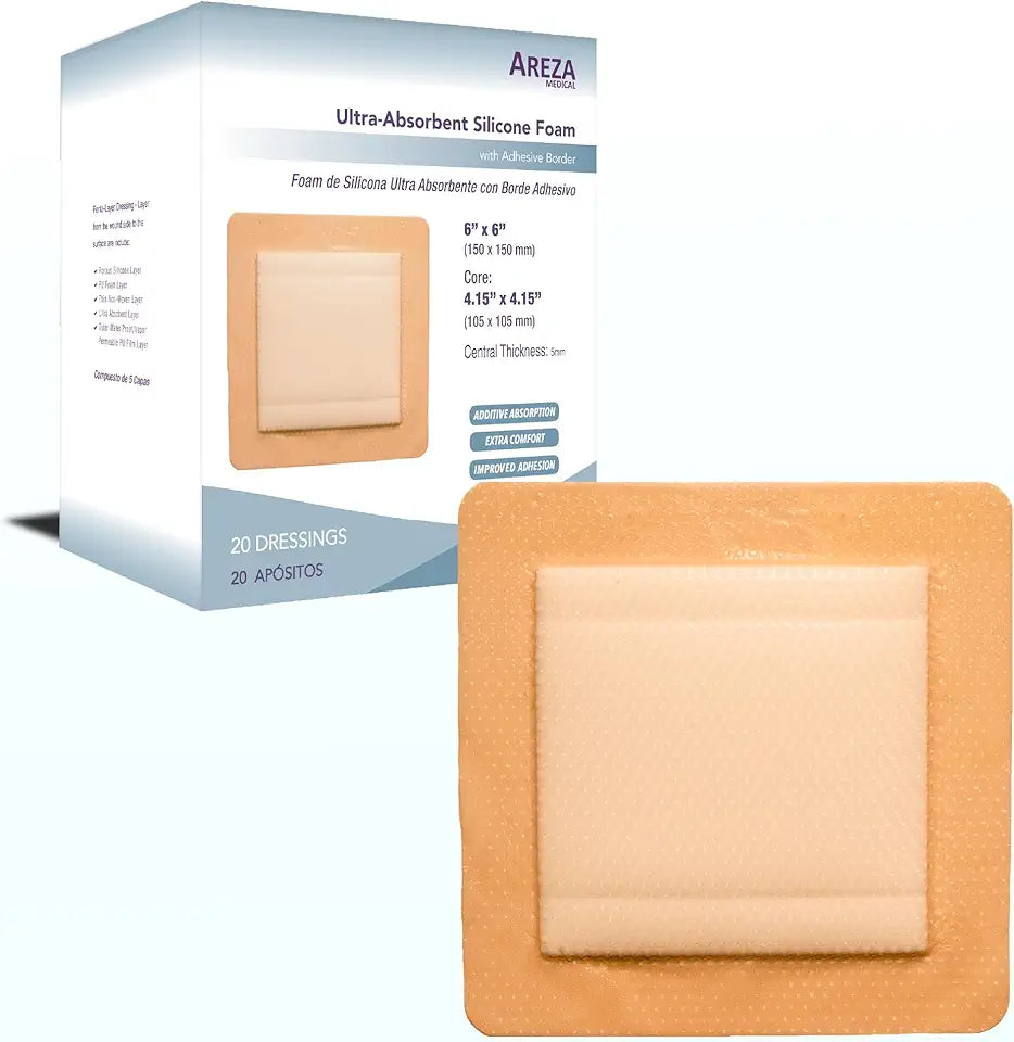 Sterile Silicone Foam Wound Dressing with Adhesive Border 6" x 6" 20 PCS S3046