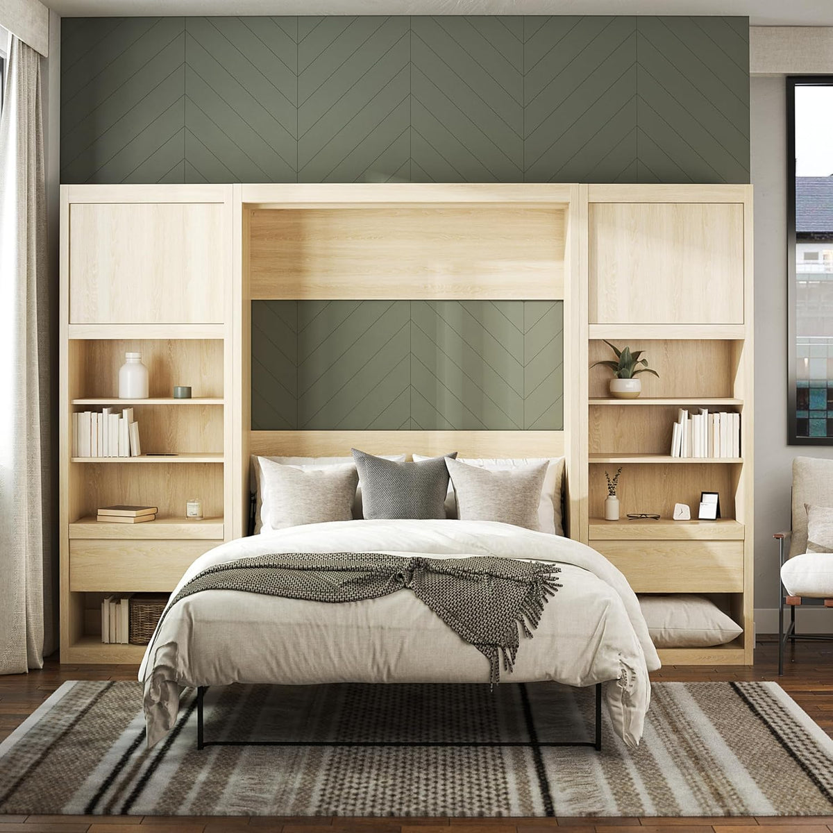 Full Size Murphy Wall Bed with Storage in Light Oak G552431