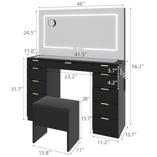 Vanity Desk with Sliding Lighted Mirror, Stool, 8 Storage Shelves, 5 Drawers, Charging Station H897815