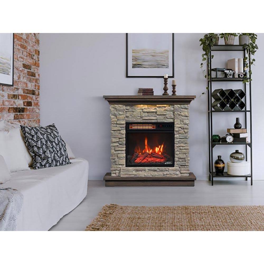 Smoky Gray Stone Electric Fireplace Wall Mantel R314