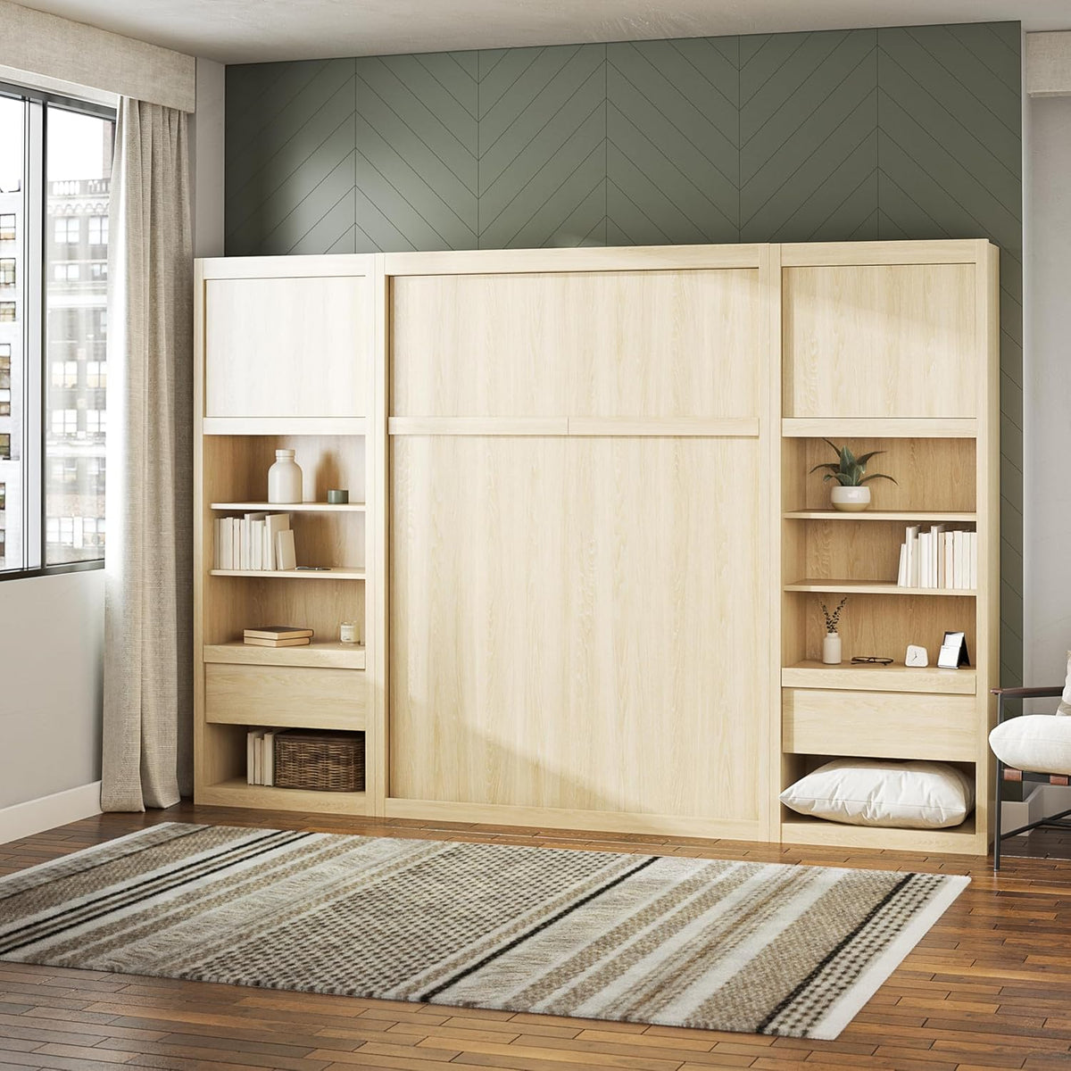 Full Size Murphy Wall Bed with Storage in Light Oak G552431