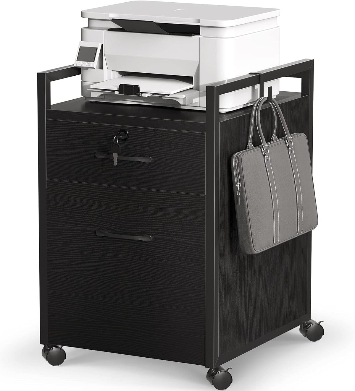 Black 2 Drawer Mobile File Cabinet with Lock on Wheels B3381