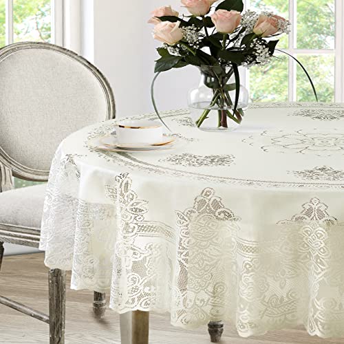 White 60 x 102 Inch Oval Polyester Lace Tablecloth F5901