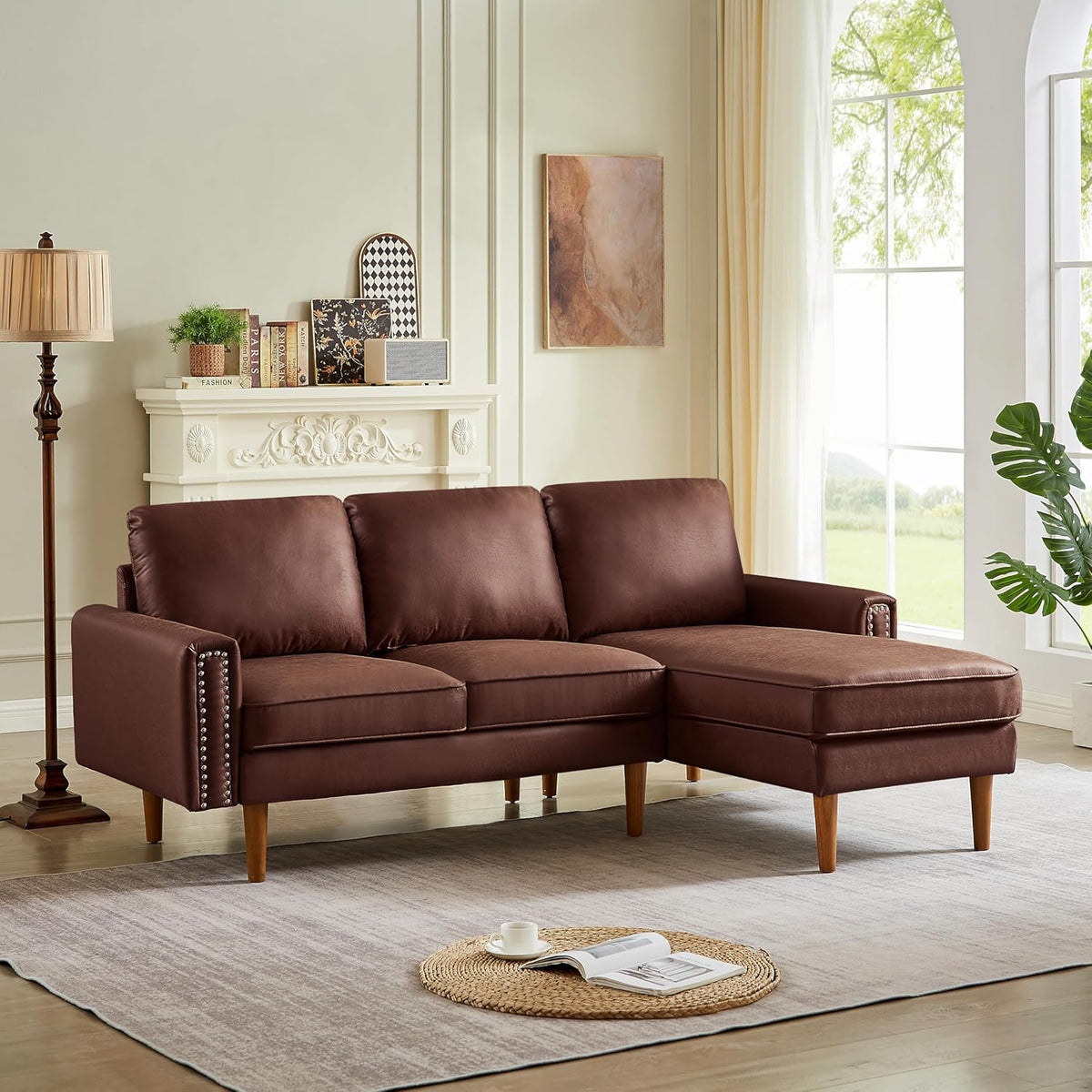 Mid Century Suede Leather Sofa with Right Chaise Lounge, 3 Seater L-Shaped Couch V609