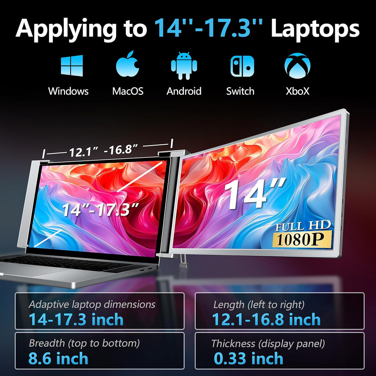 14” Dual Laptop Monitor Extender FHD 1080P IPS Portable Screen O84046