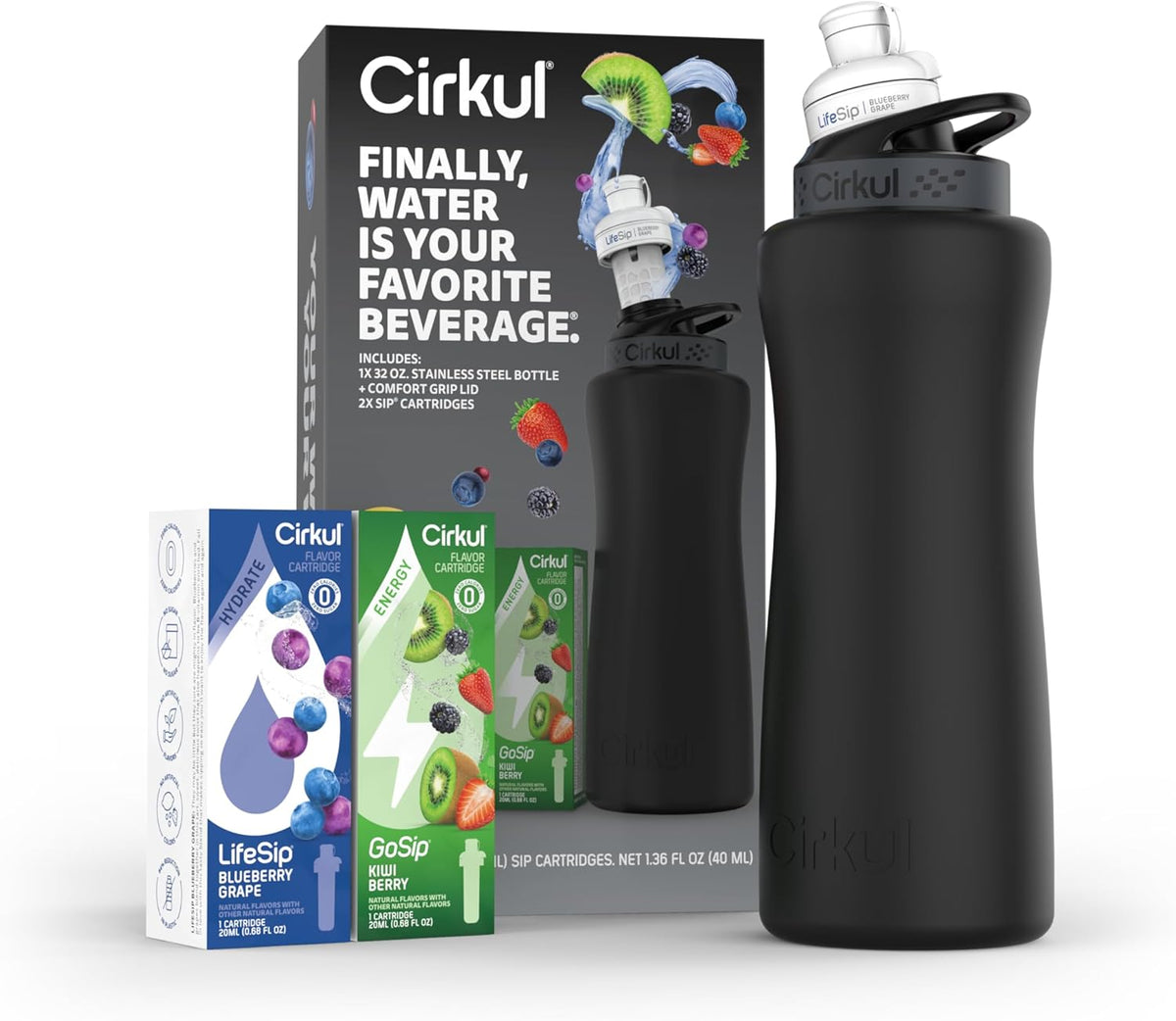 32oz Matte Black Stainless Steel Water Bottle with Black Lid and 2 Flavor Cartridges C861576