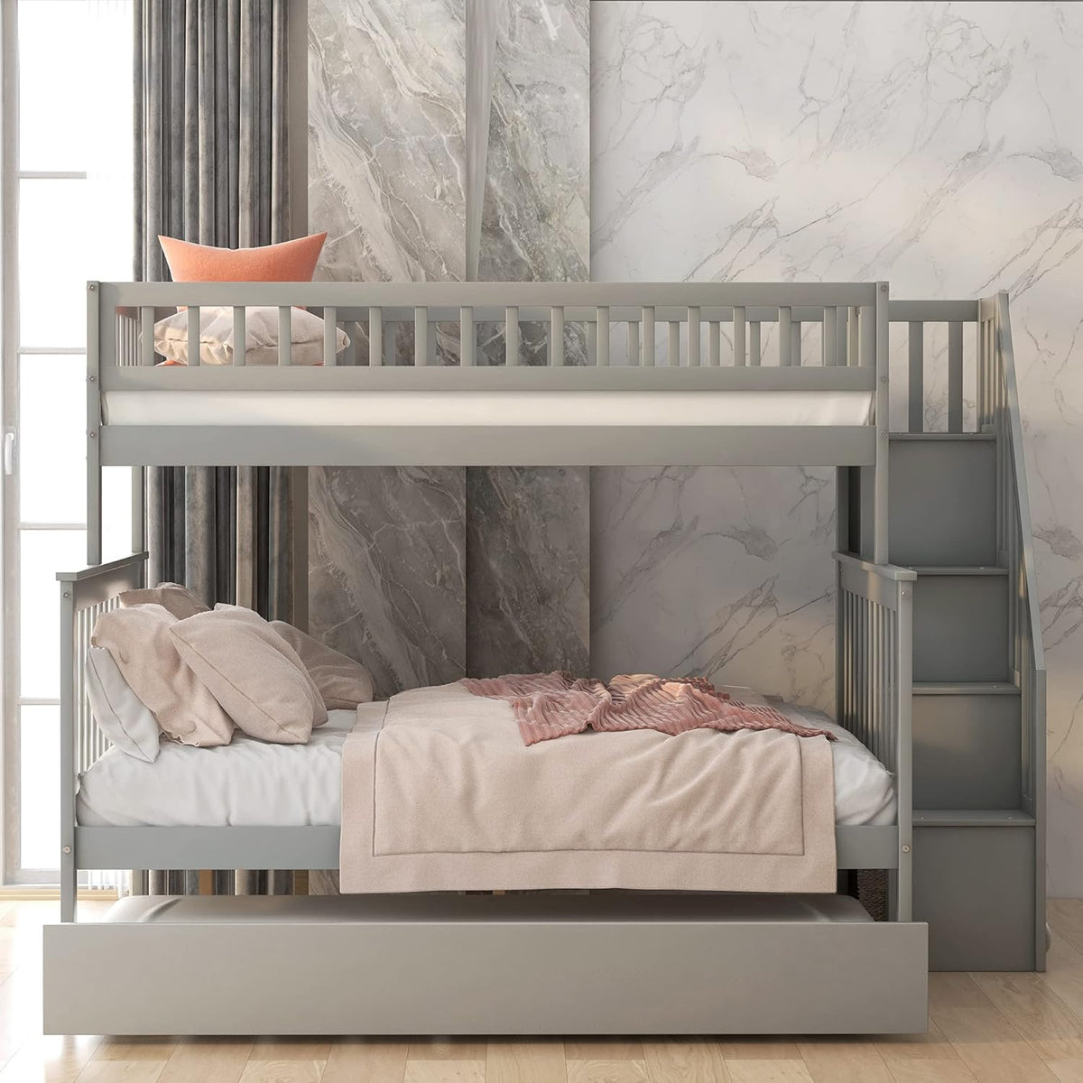 Gray Wood Twin Over Full Bunk Bed Frame with Trundle I320