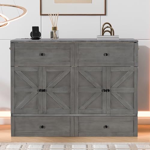 White Full Size Murphy Bed with USB Ports and Drawer F514