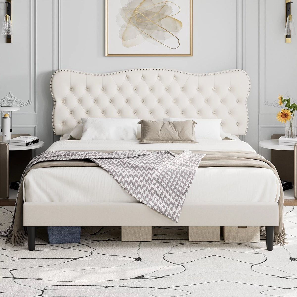 Black Queen Size Linen Upholstered Platform Bed with Tufted Headboard Y167716