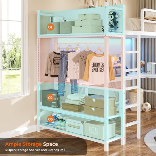 Twin Loft Bed with L-Shaped Desk, LED Lights and Storage Shelves G242080