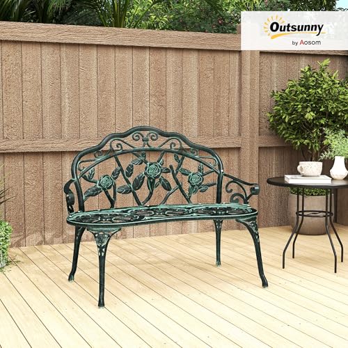 Green Cast Aluminum Metal Bench with Floral Rose Accent B1741