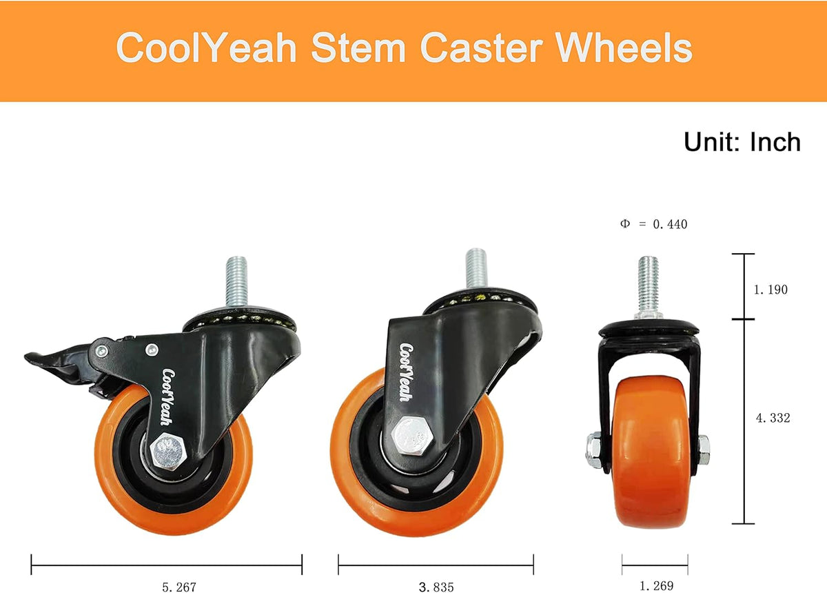 3 inch Stem Casters, M12*30mm 1/2 -13 x 1-1/5 Threaded, Heavy Duty Replacement Wheels (Pack of 8, 4 with Brake & 4 Without) G22784