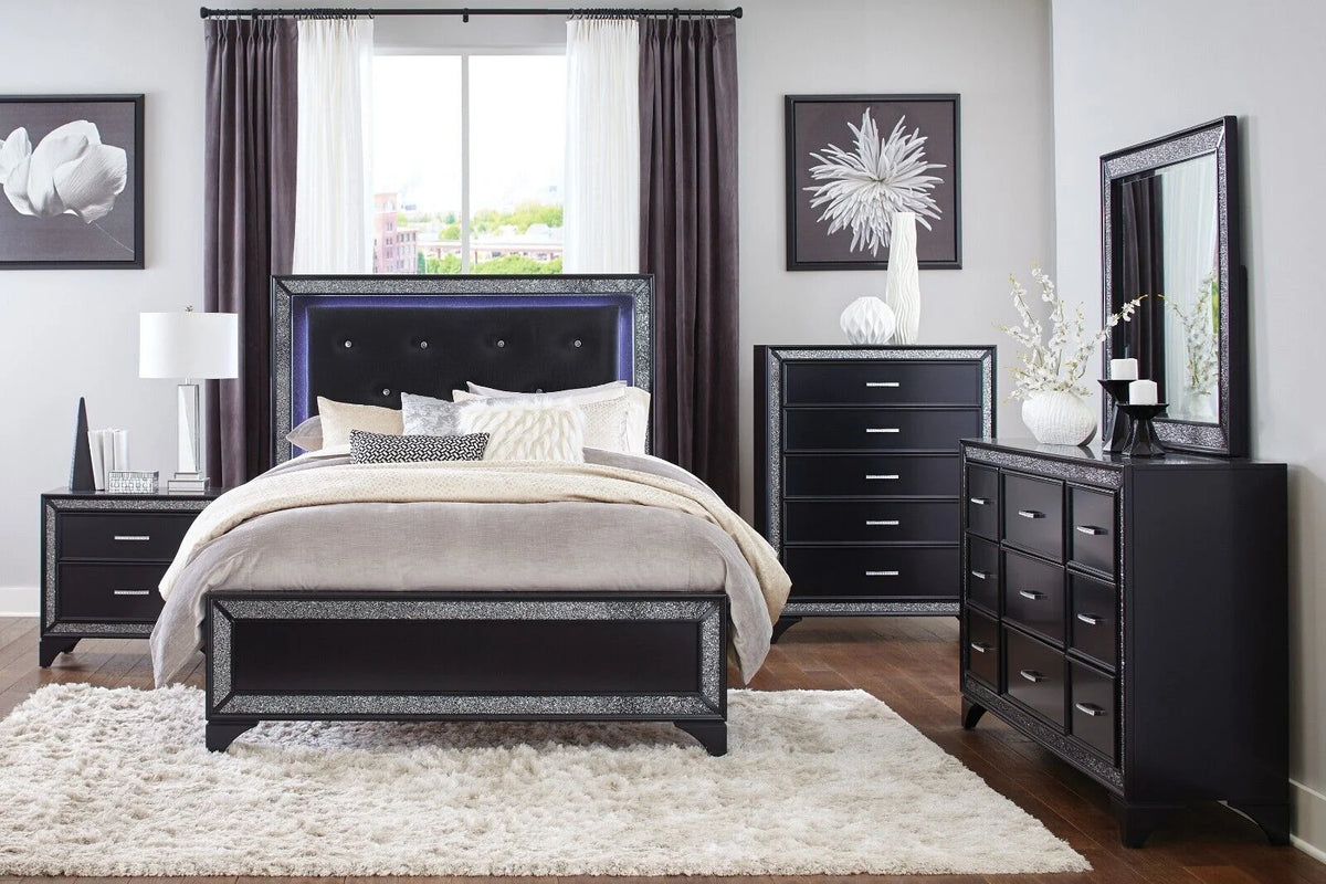Pearl Black Metallic Finish 4pc Queen Bedroom Set F4711