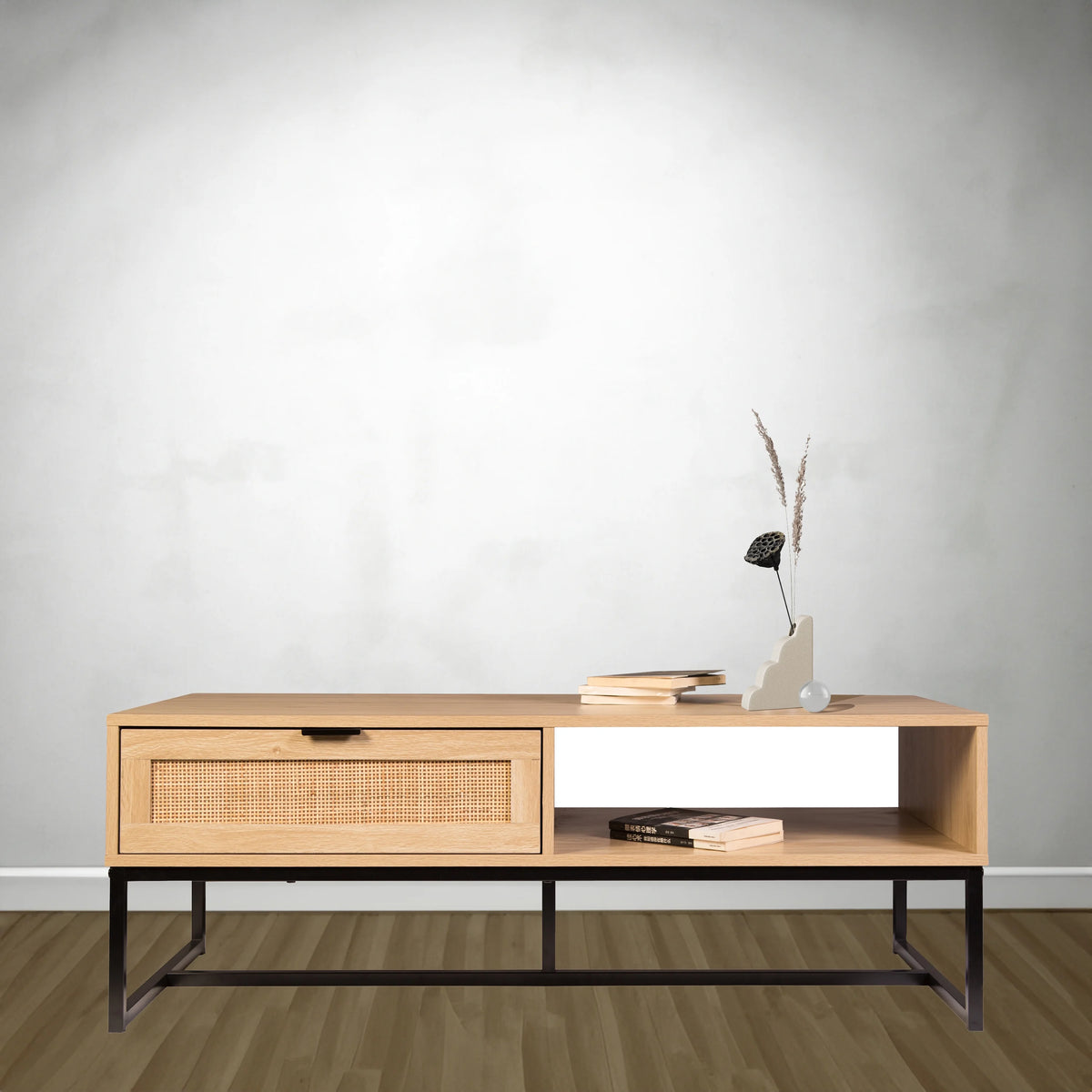Natural Wood TV Stand with Storage Cubby and Drawer X82477