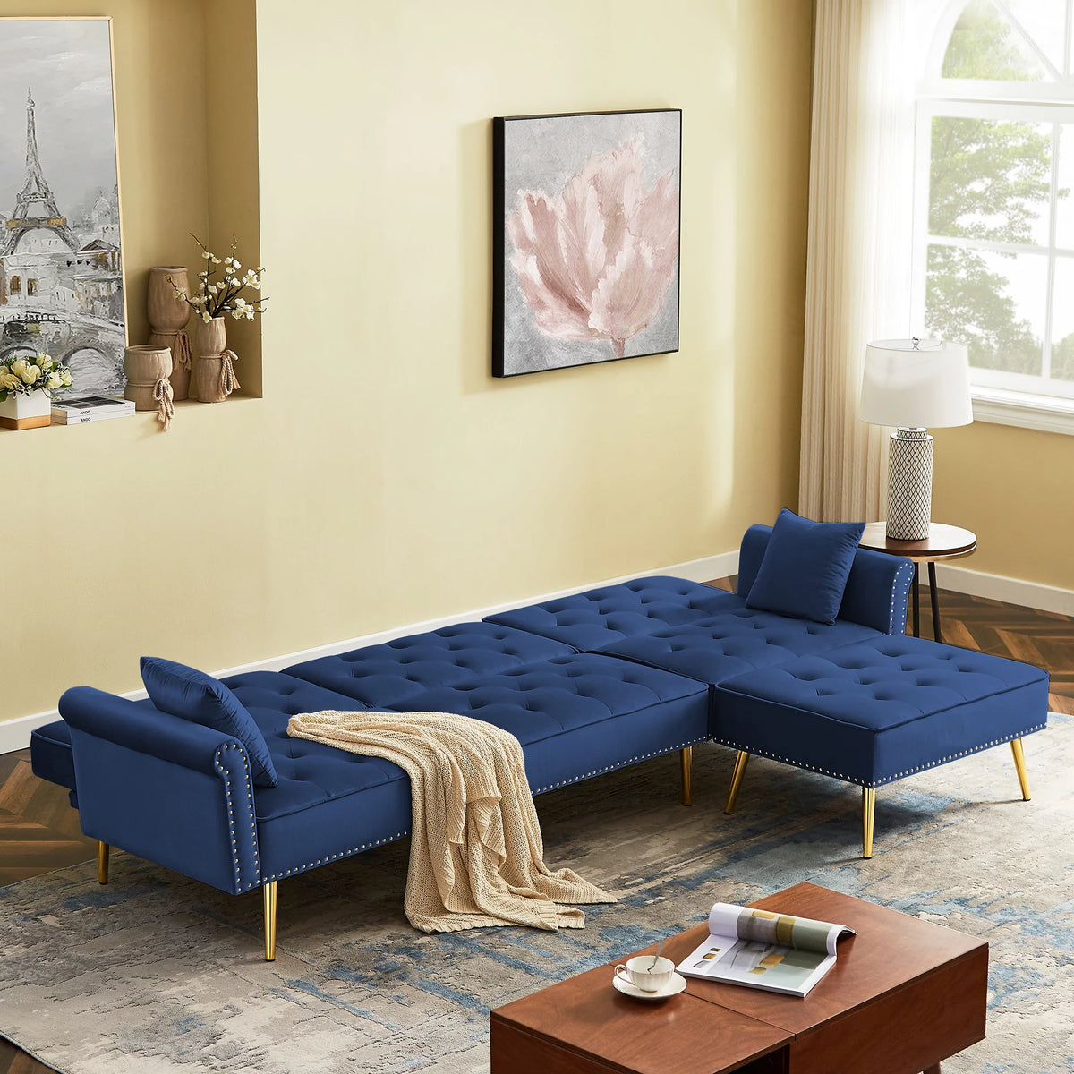 Blue Velvet L-Shaped Sectional Sleeper Sofa with Chaise I149