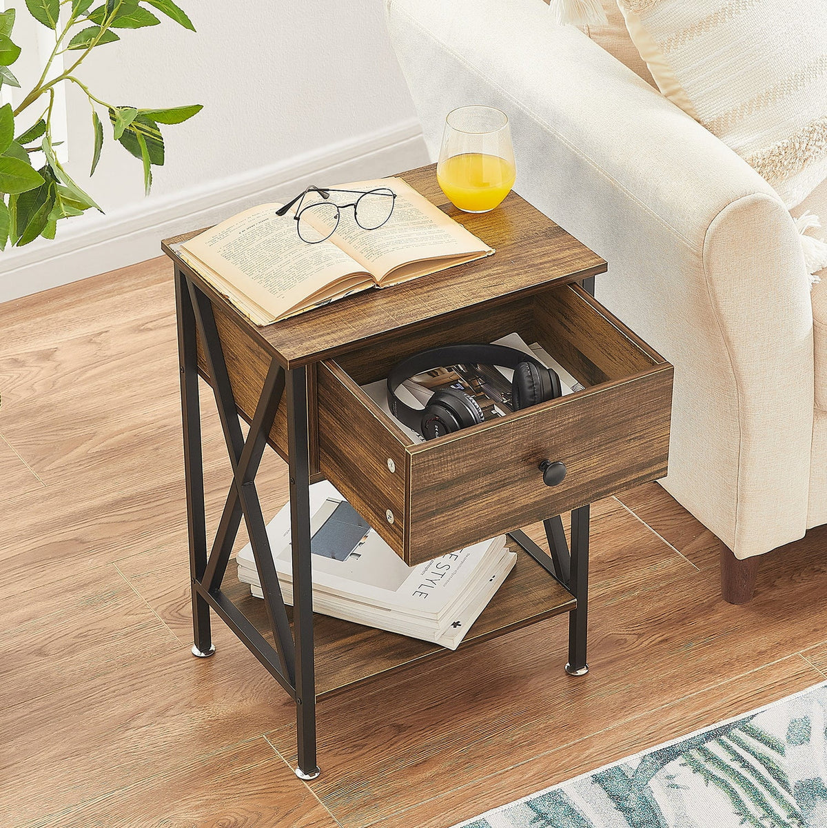 Brown Nightstand with Drawer and Storage Shelf R2464