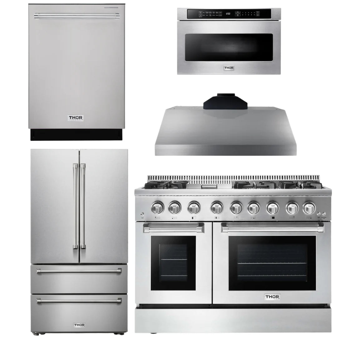 48 In. Propane Gas Range, Range Hood, Refrigerator, Dishwasher, Microwave Drawer K1234