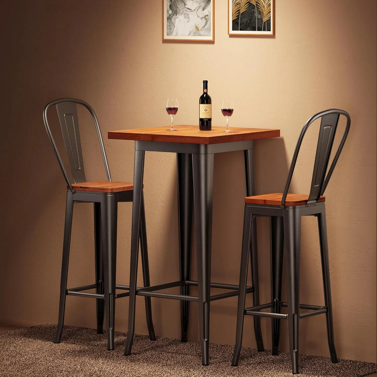 3 Piece Pub Table and Chairs Set with Elm Top and Metal Frame J68001