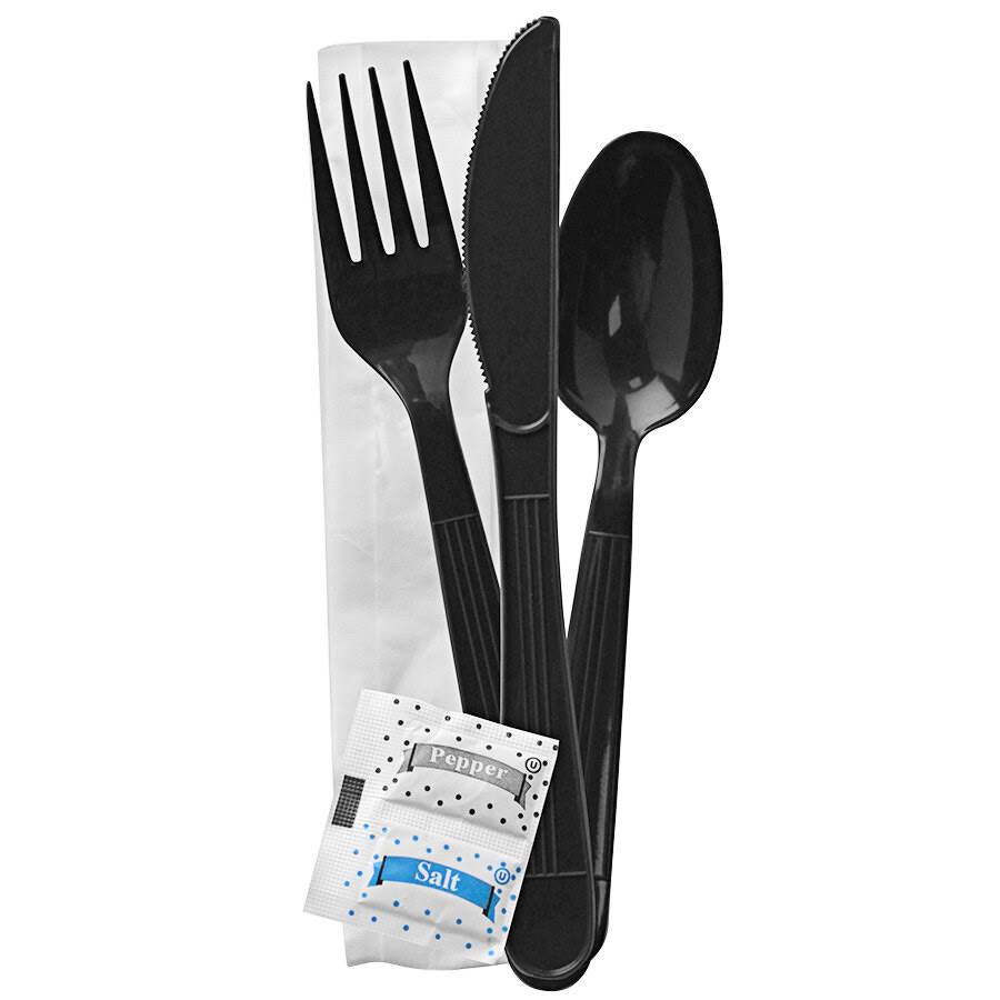 250 Ct. Disposable Wrapped Plastic Cutlery Set with Napkin, Salt & Pepper Packets H56293