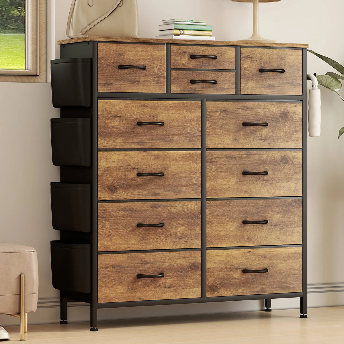 Rustic Brown 12 Drawer Fabric Dresser Q305