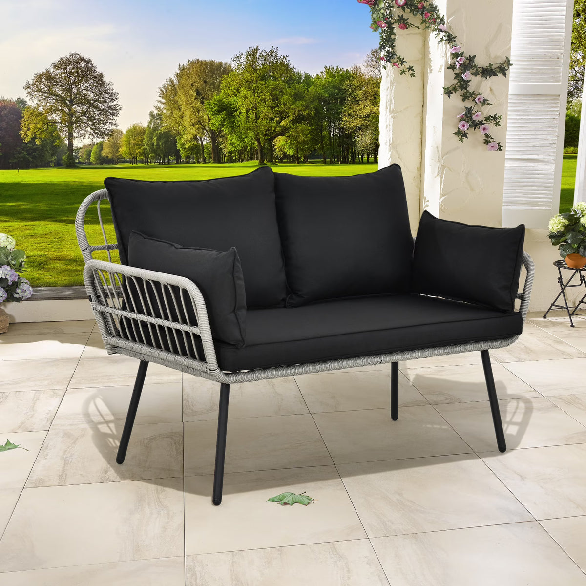 All-Weather Wicker Rattan 2 Seater Loveseat Sofa with Black Cushions & Lumbar Pillows E5943