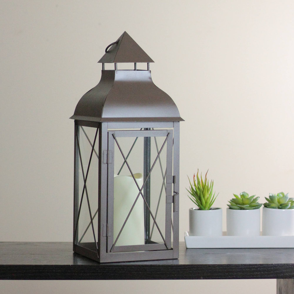 Metallic Brown Lantern with Flameless LED Pillar Candle C656