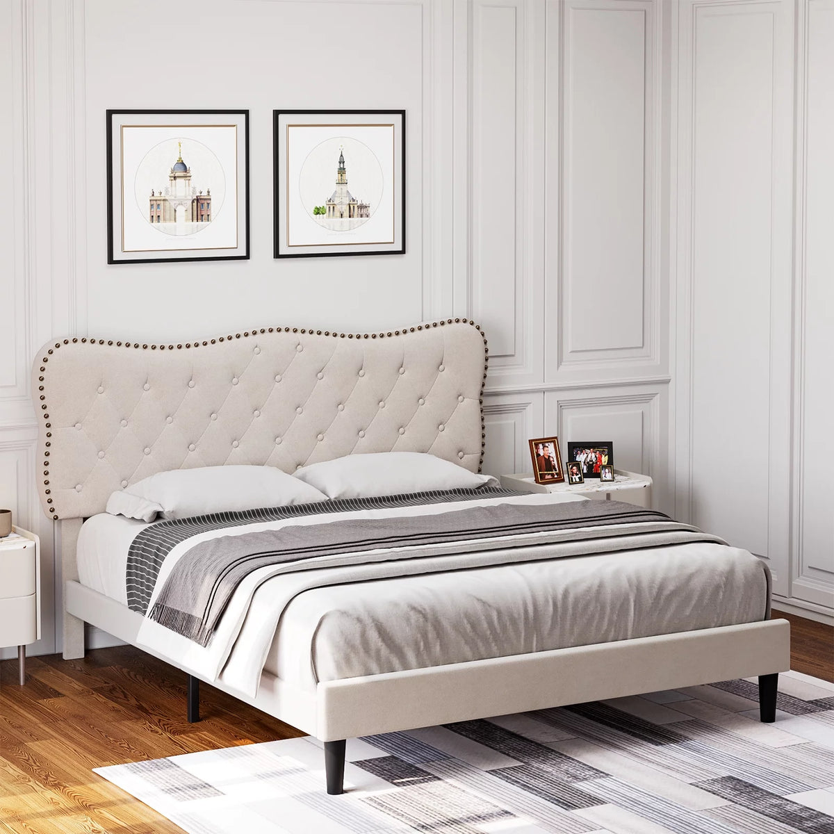Black Queen Size Linen Upholstered Platform Bed with Tufted Headboard Y167716