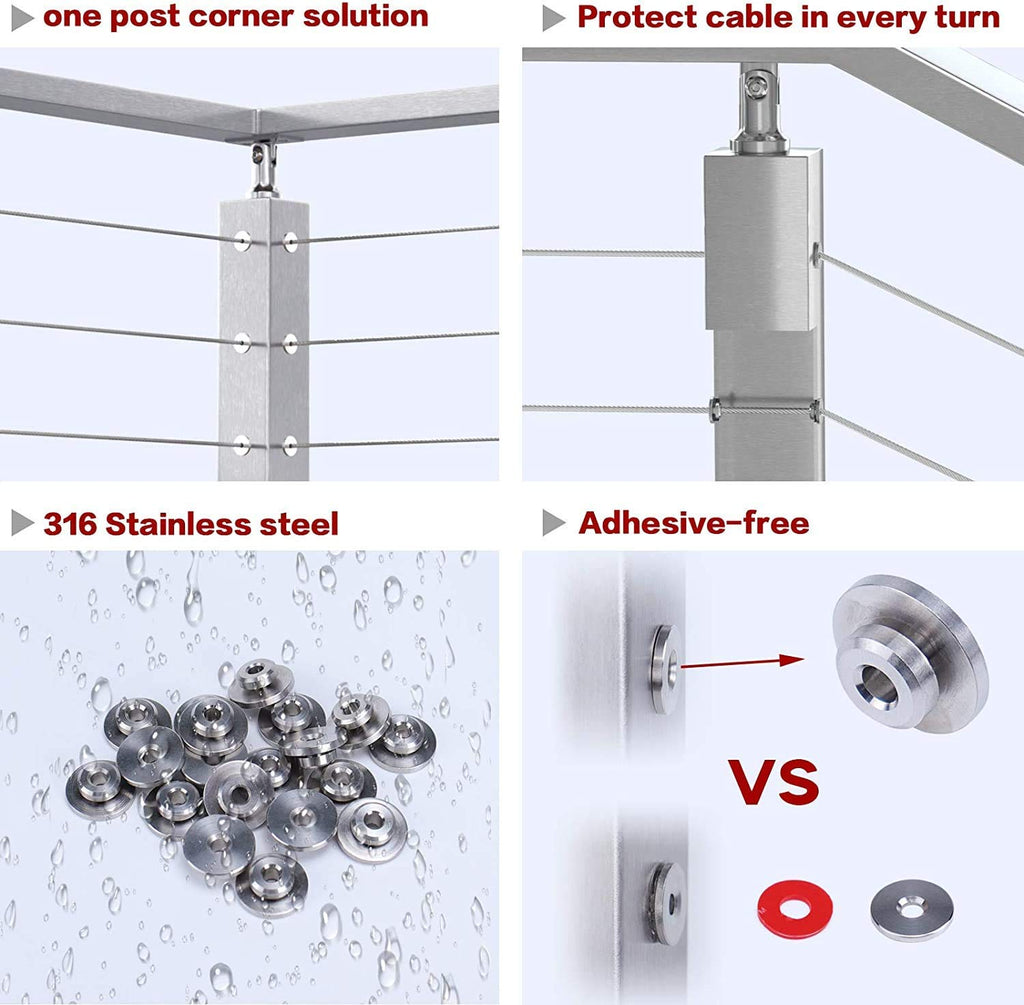 20Pack Cable Railing Kit Wheel Protective Protector Sleeves Washer Insert Plug for Wire Rope Metal Posts T316 Stainless Steel Deck Balcony I2093
