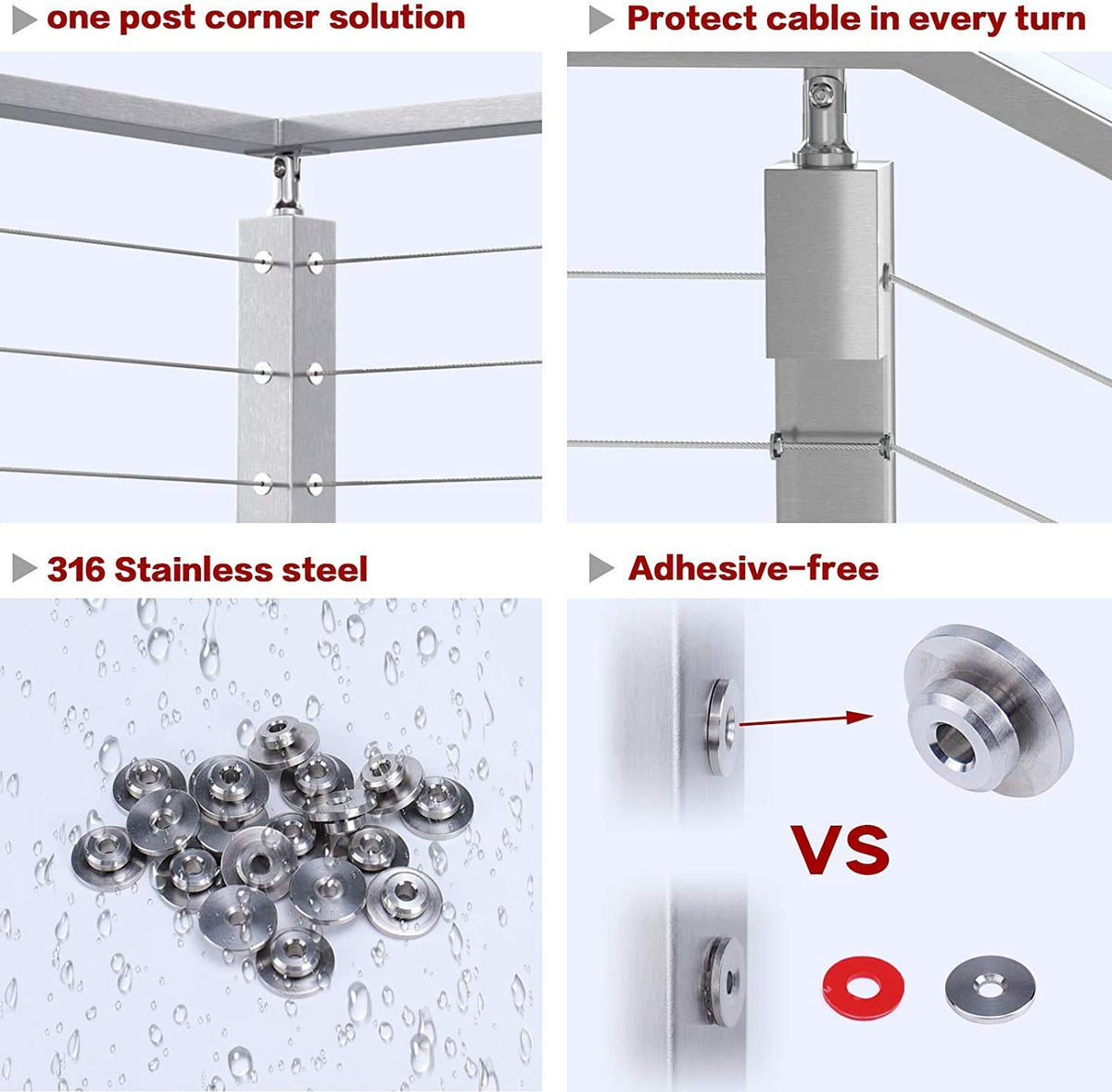 20Pack Cable Railing Kit Wheel Protective Protector Sleeves Washer Insert Plug for Wire Rope Metal Posts T316 Stainless Steel Deck Balcony I2093