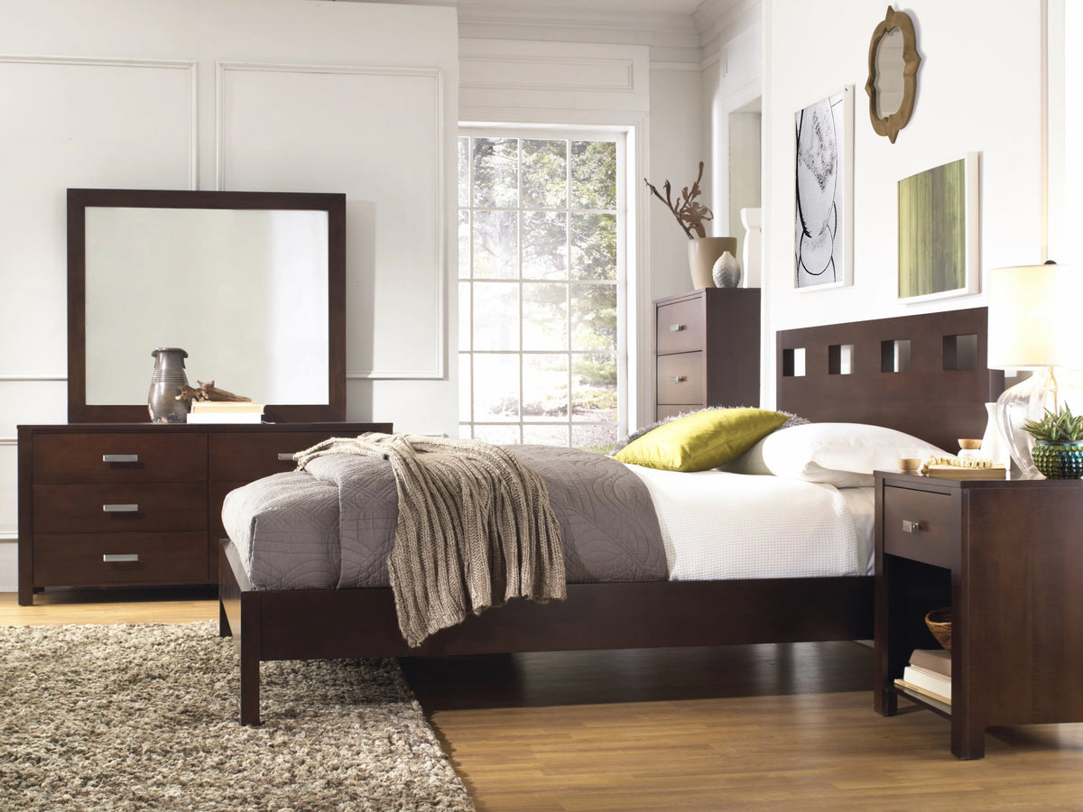6PC Twin Platform Bed Dresser Mirror Chest Set Mocha Brown Mahogany Y140