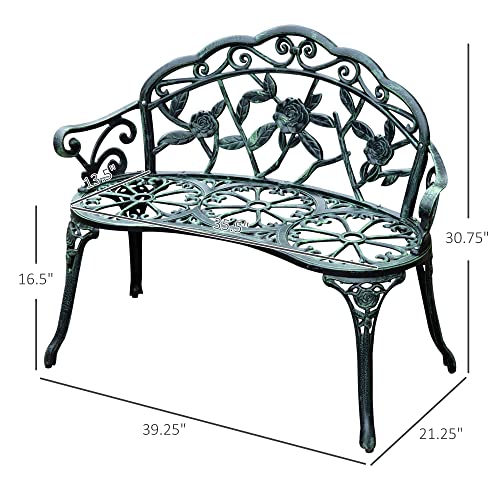Green Cast Aluminum Metal Bench with Floral Rose Accent B1741