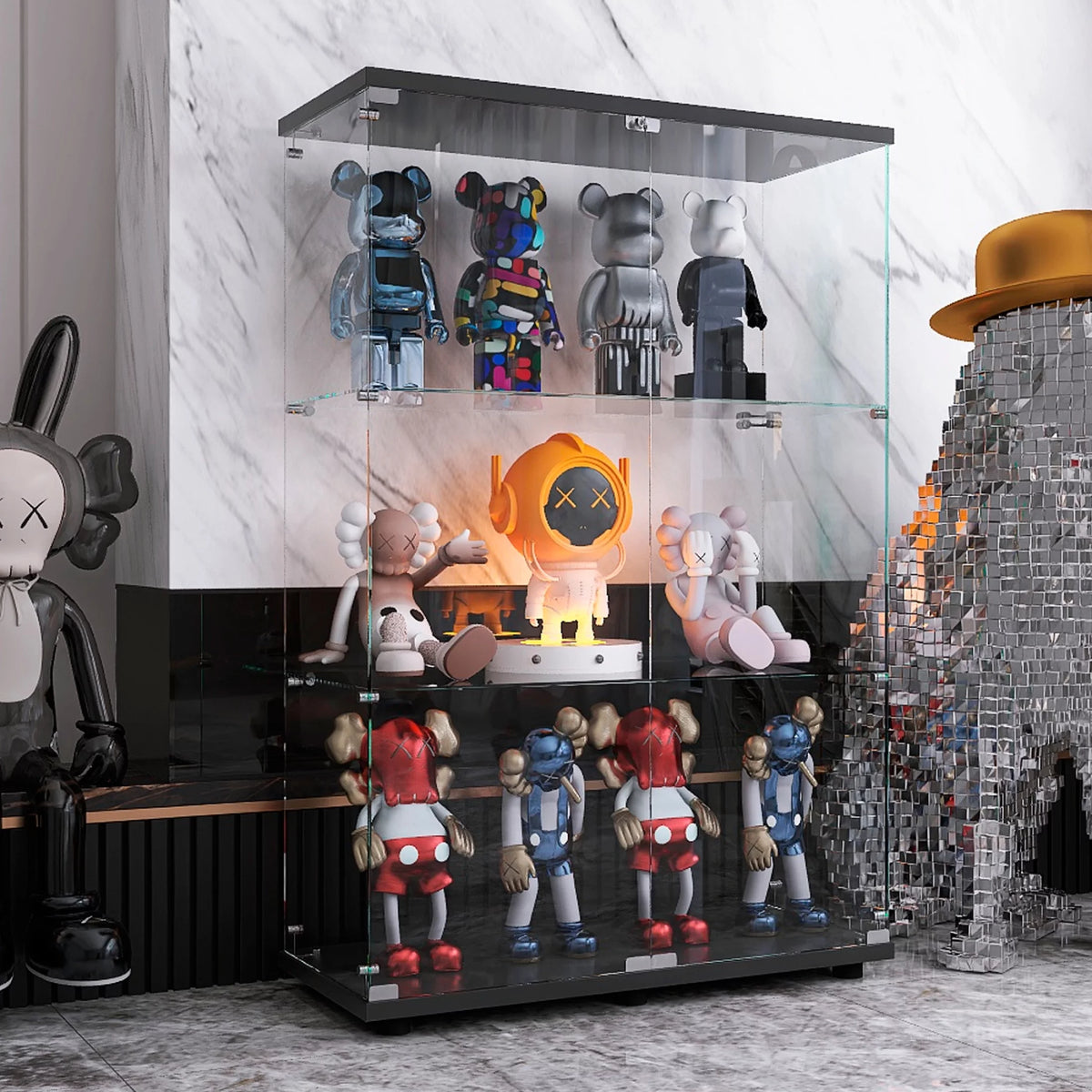Black 3 Shelf Glass Display Cabinet P7196